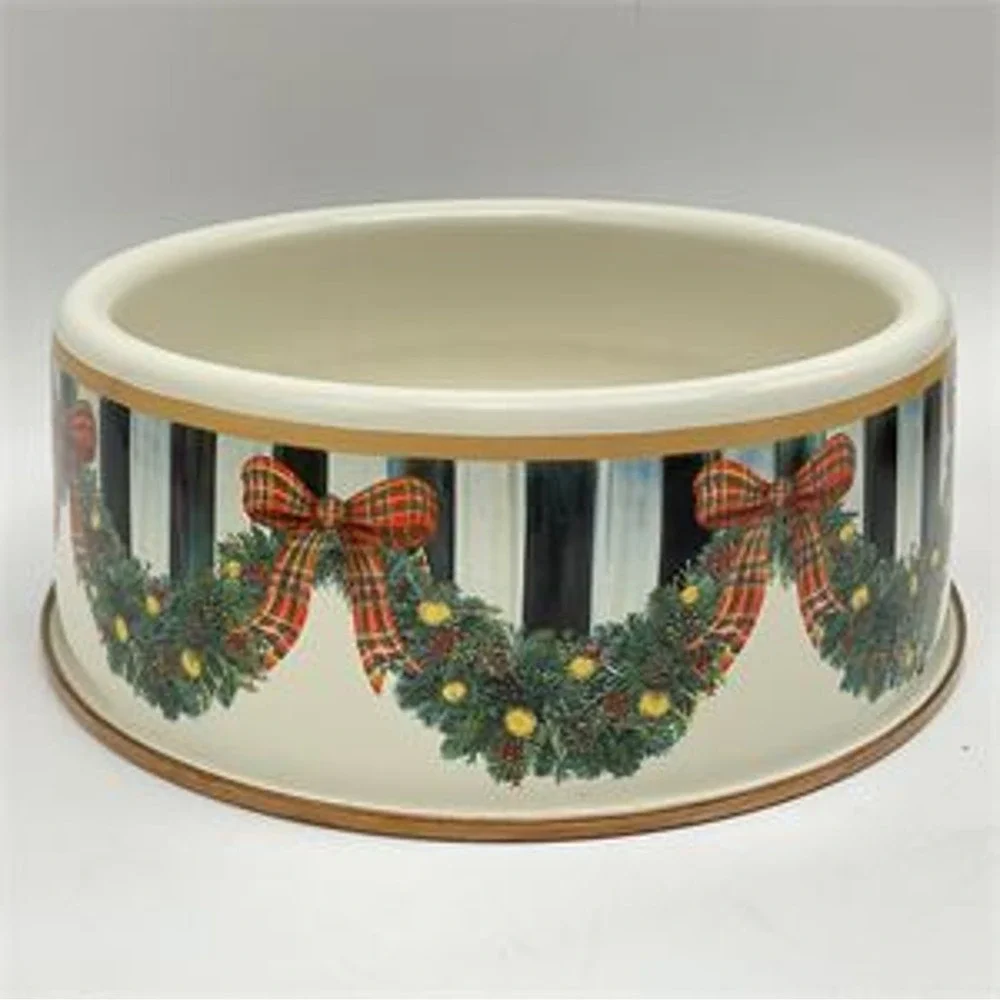 MacKenzie-Childs Evergreen Enamel Pet Dish Dog Bowl Christmas Tartan Wreath